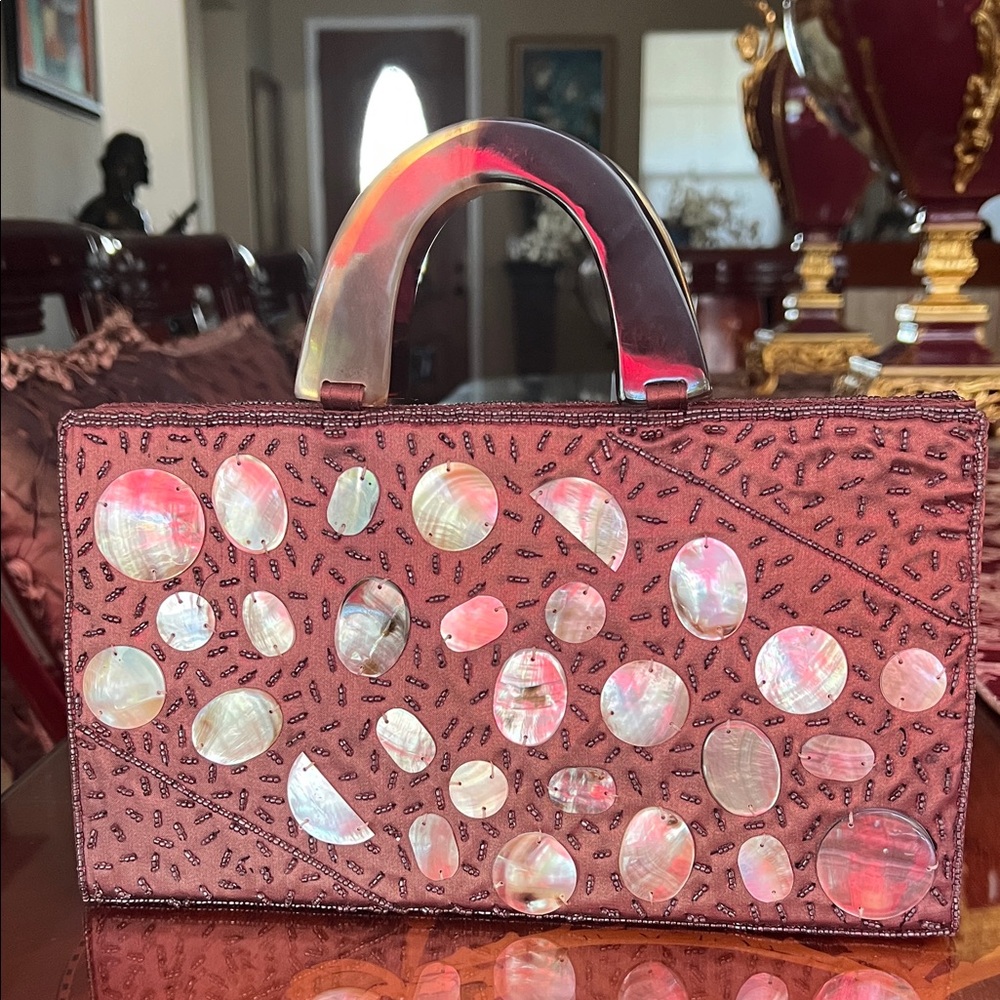 Vintage Elegant  Brown Clutch Bag with Unique Handle Pearl and beaded Accents